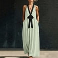 thumbnail image 5 of Women's Halter V-Neck Maxi Dress, Sleeveless High Waist Flowy Dress with Button Detail, Casual Cotton-Linen Look Sundress, Elegant Summer Dress for Beach Vacation and Evening Events Green S, 5 of 6