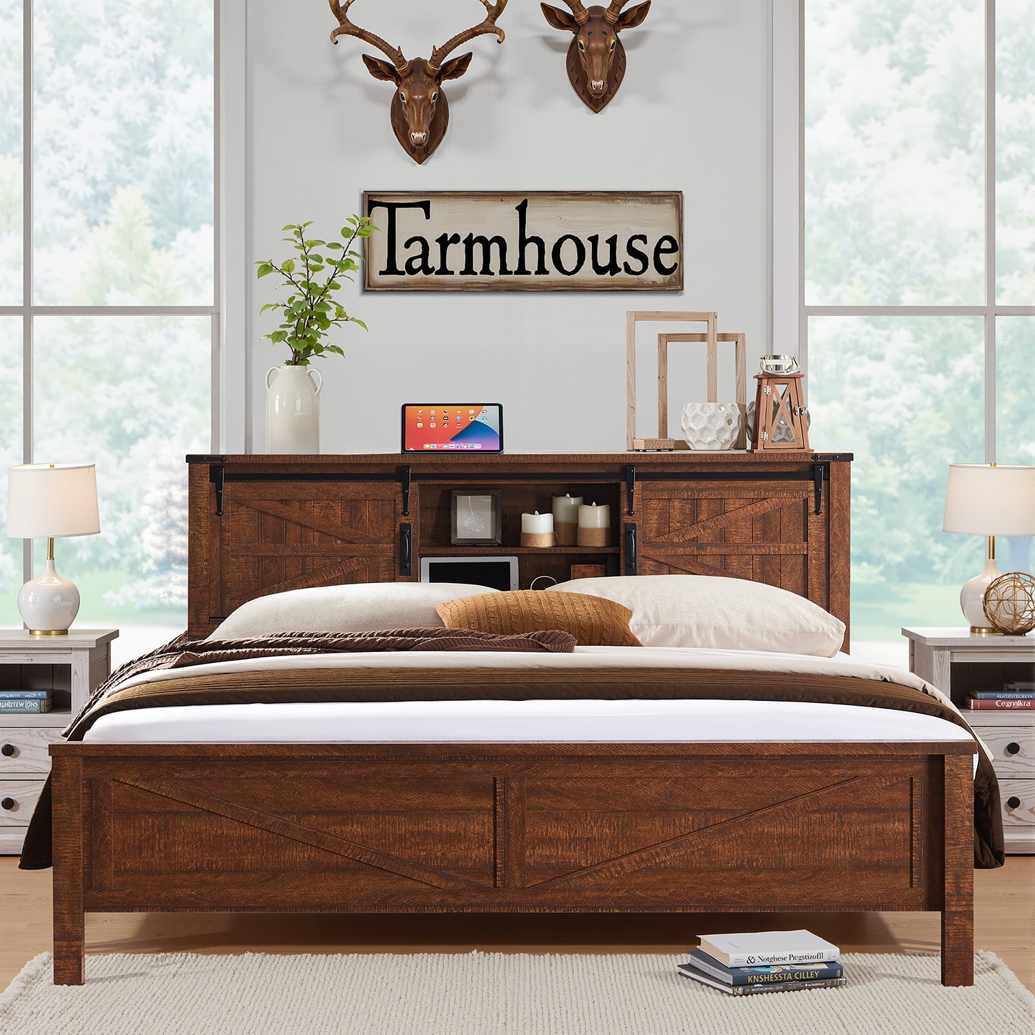 OKD Modern Farmhouse King Platform Bed with Bookcase Headboard Storage and Charging Station, No Box Spring Needed, Reclaimed Barnwood