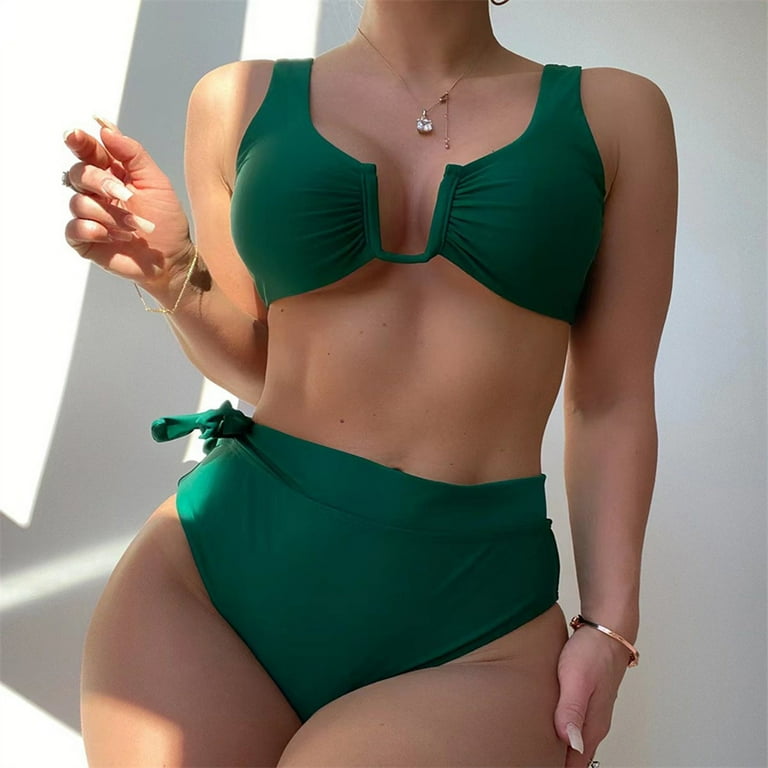 GDREDA Woman Bathing Suits New Swimwear Solid Color Bikini European And American High Waist Sexy Bikini Split Swimsuit Green L