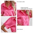 thumbnail image 4 of Blusa de seda satinada para mujer, camisa informal con botones de un solo pecho, manga corta, cuello vuelto, color rojo rosa L, 4 of 5