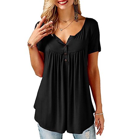 - Women's Summer Short Sleeve V-neck pleated Blouse T Shirt Tops Casual Ladies Loose Baggy Button Tunic Tee