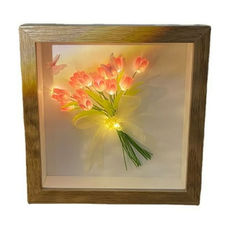 

WYFCFF Simulation Tulip Night Light Tulip Flower Night Light Handmade Wooden Photo Frame 10/13/16 Flowers Ribbon Bowknot Square Gift DIY Glowing Tulip Bouquet