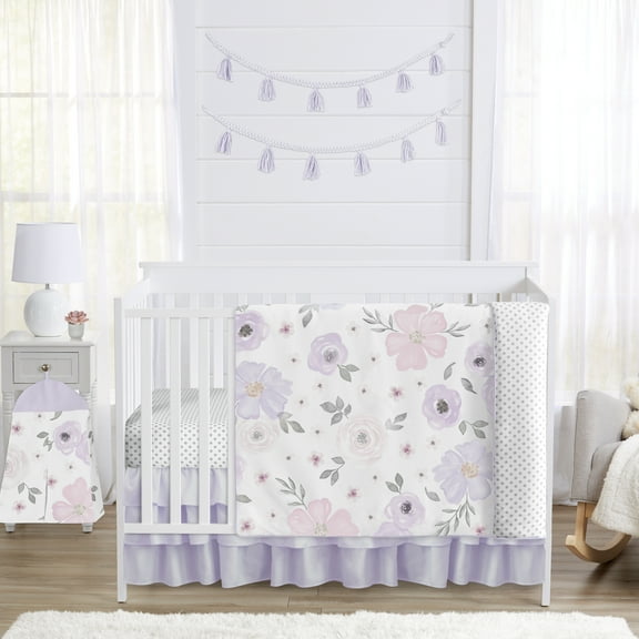 Sweet Jojo Designs Watercolor Floral Purple Pink Grey 5 Piece Crib Bedding Set