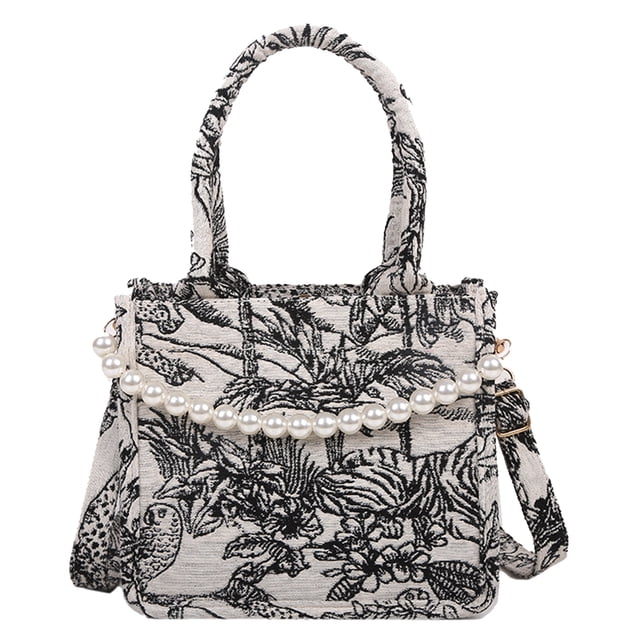 Bolso bandolera con estampado de lona vintage para mujer Bolsos con asa superior de perlas informales Likrtyny Para estrenar