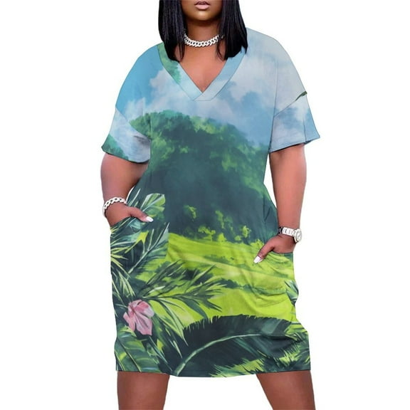 Tropical Leaves Women's Loose Short Sleeve Dress Casual Summer Plus Size Long Dresses with Pockets