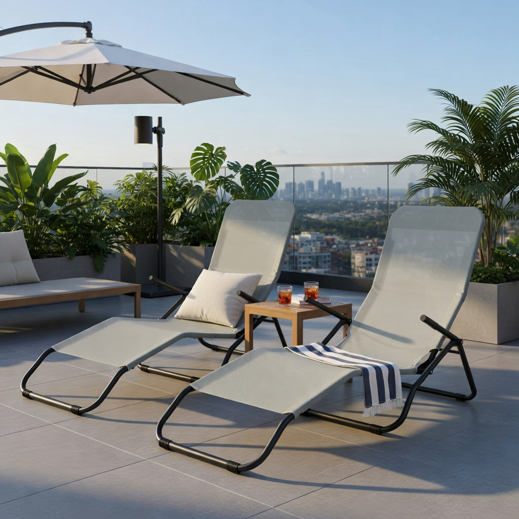 Hommoo 2-Pack Folding Patio Chaise Loungers with Rocking Motion, Heavy-Duty Steel Frame, Breathable Fabric, Easy-Store Design for Backyard, Poolside & Garden, Gray