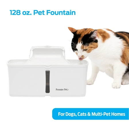 Premier Pet 128 oz. Pet Fountain- Automatic water fountain for dogs, cats & multi-pet homes, filtered water, promotes hydration, adjustable water flow, sleek, compact, easy to clean, filters included