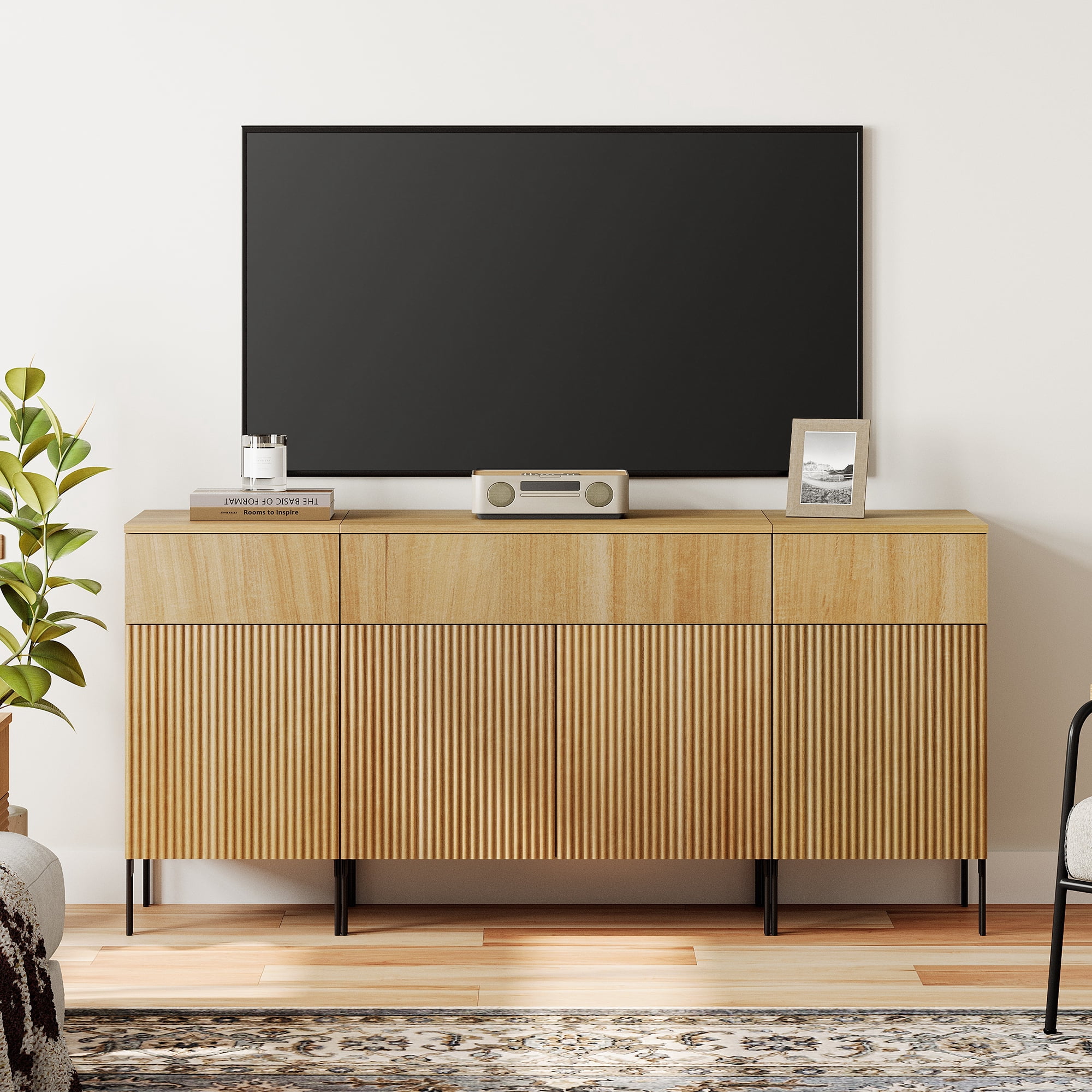 Modern Reeded Dresser TV Stand for TVs up to 75 Inch, Entertainment Center with Charging Station, Wooden TV Console with Storage for Living Room