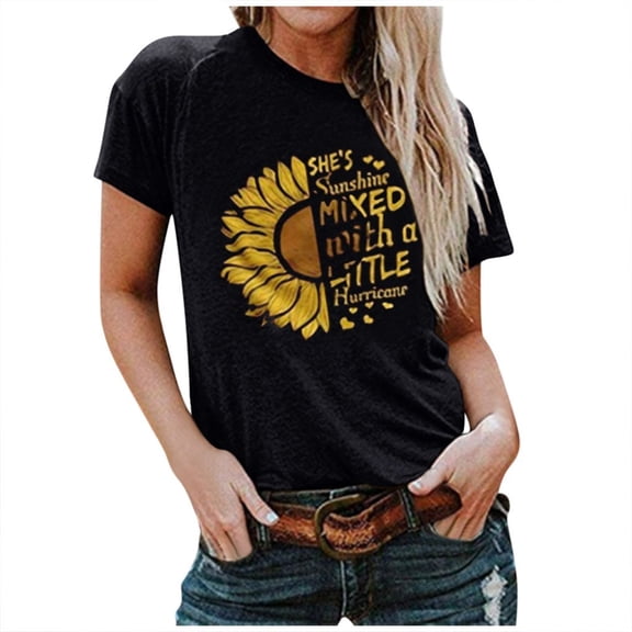 HCYSFG Womens Sunshine Letter T Shirts Sunflower Hurricane Theme Short Sleeve Crewneck Casual Shirts Slim Fit Tee Tops