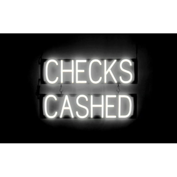 SpellBrite CHECKS CASHED LED Sign for Business. 24.1" x 15.0" White CHECKS CASHED Sign Has Neon Sign Look With Energy Efficient LED Light Source. Visible from 500+ Feet, 8 Animation Settings.