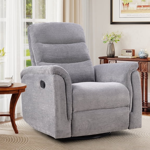 Ebello Manual Fabric Swivel Rocker Recliner, Silent Nursery Glider Chair with Soft Armrests & Backrest for Bedroom Apartment Living Room, Gray