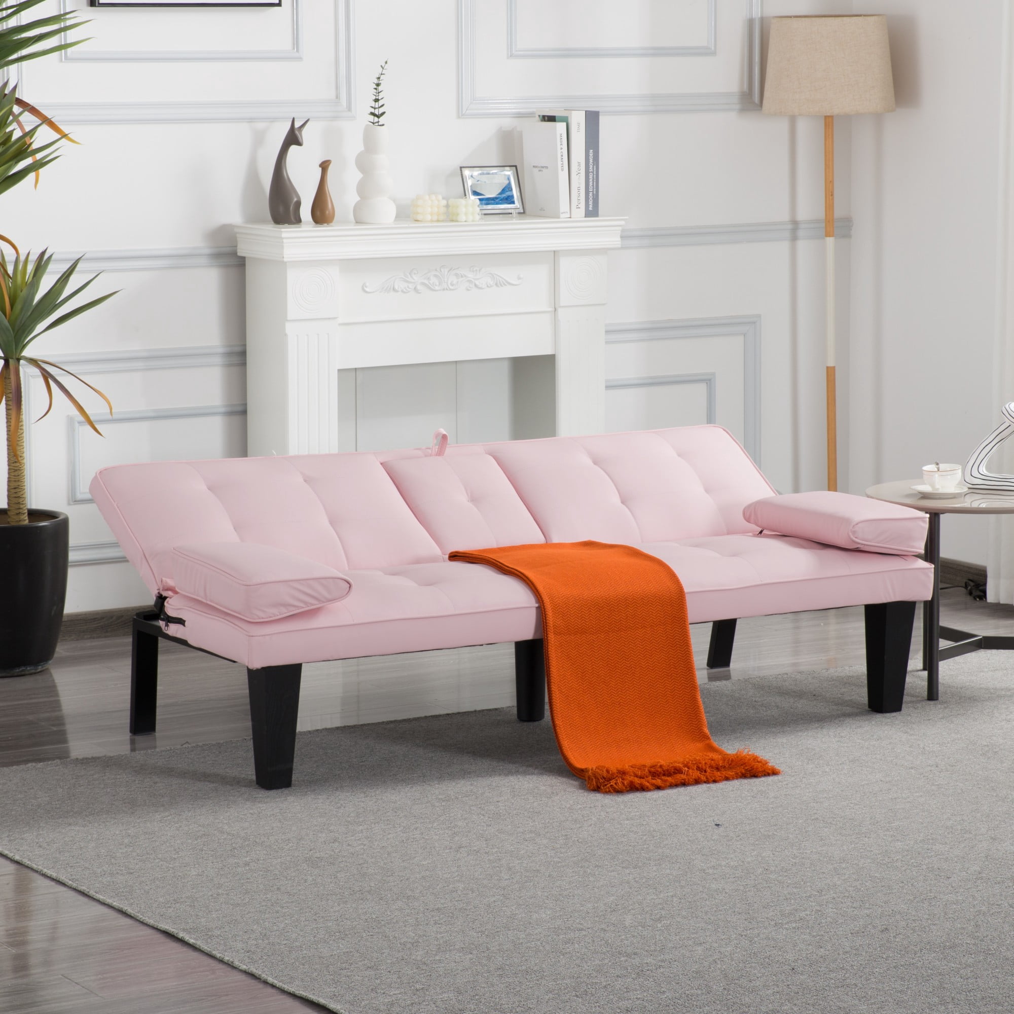 BSHTI 65" PU Futon Sofa Bed with Drop-Down Console, Cup Holders, 3-Position Backrest, Arm Cushions, Chrome Legs for Living Room（Pink）