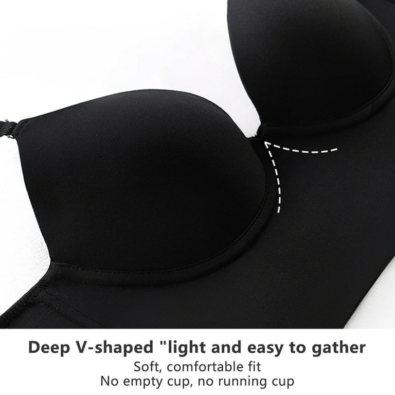 Qiaocaity Women Bras High Support Underwear Womens Low Back Bra Lifting  Deep U Shaped Backless Bra With Convertible Clear Straps Black XL/D 