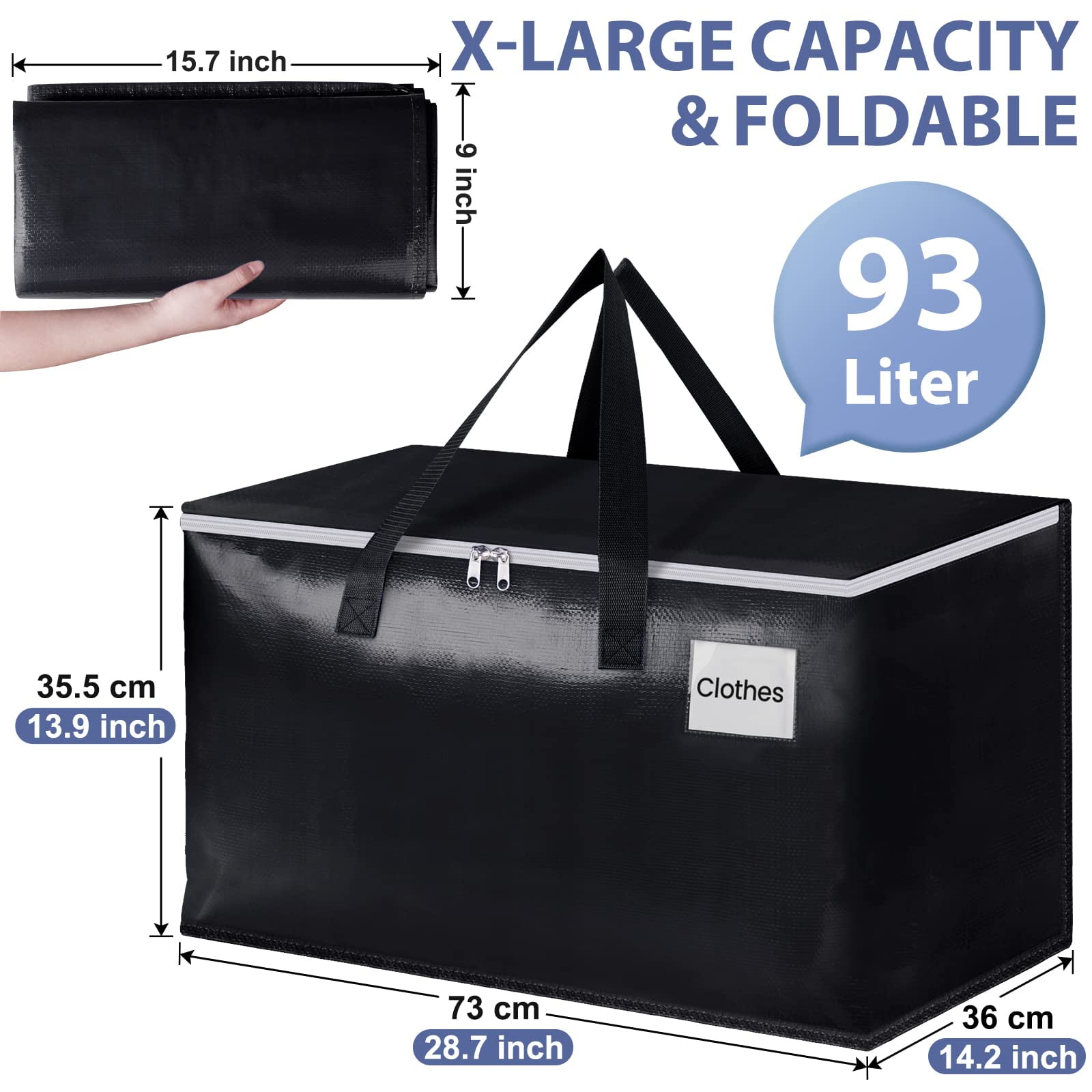 8 Pack Totes for Storage Large Moving Bags Heavy Duty, Moving Boxes with Zippers Top and Sturdy Handles, Dorm Storage Bags for Space Saving and Packing,Collapsible Moving Supplies(Black,93L)