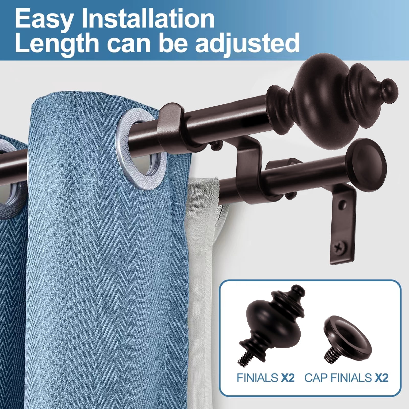 Urbanest Adjustable Double Curtain Rod Set Metal with Decorative Round Urn Finials, Heavy-Duty, 48"-84", Oil-rubbed Bronze (ORB)