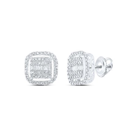 10K White Gold Genuine Baguette Diamond Unisex Square Halo Stud Earrings 5/8 CT
