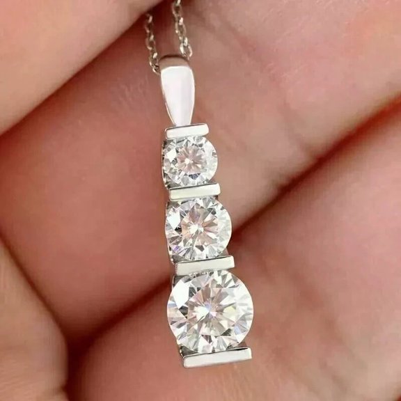 2.00Ct Round Cut Lab Created Diamond Three Stone Pendant 14K White Gold Plated