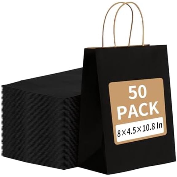 50Pcs Black Gift Bags 8x4.5x10.8 Inch, Kraft Paper Bags with Handles, Shopping Bags for Boutique, Wedding Party Favor, Merchandise, Retail, Small Business, Bulk