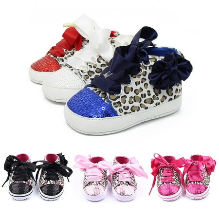 Kacakid 0-12M Newborn Girl Leopard Sequin Sneaker Kid Non-Slip Lace Up Walking