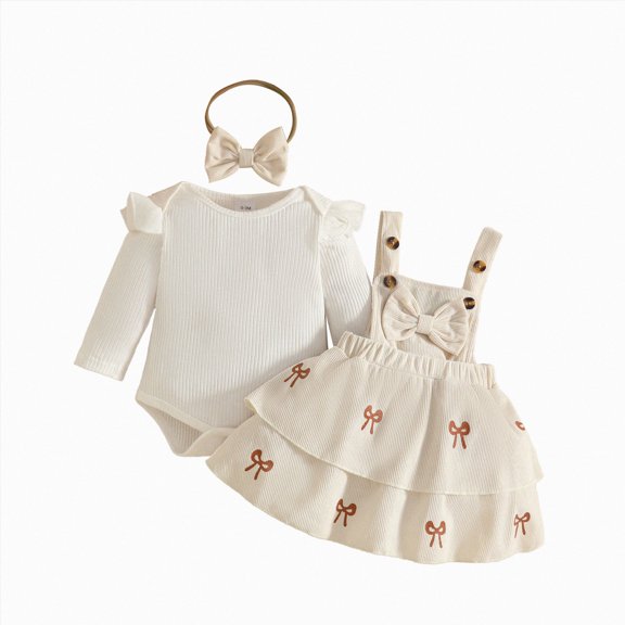 enyan Baby Girls Christmas Outfits Long Sleeve Onesie Romper Suspender Skirt Set Headband 3Pcs Fall Winter Clothes White,6-12 Months