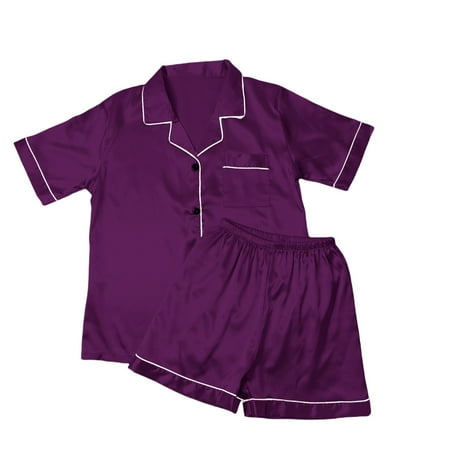 DondPO Womens Pajama Sets Lady s Short Sleeved Shorts Pajamas Satin Lapel Comfortable Home Wear Two Piece Pajamas Silk Pajamas For Women Womens Loungewear Set Purple M Clearance