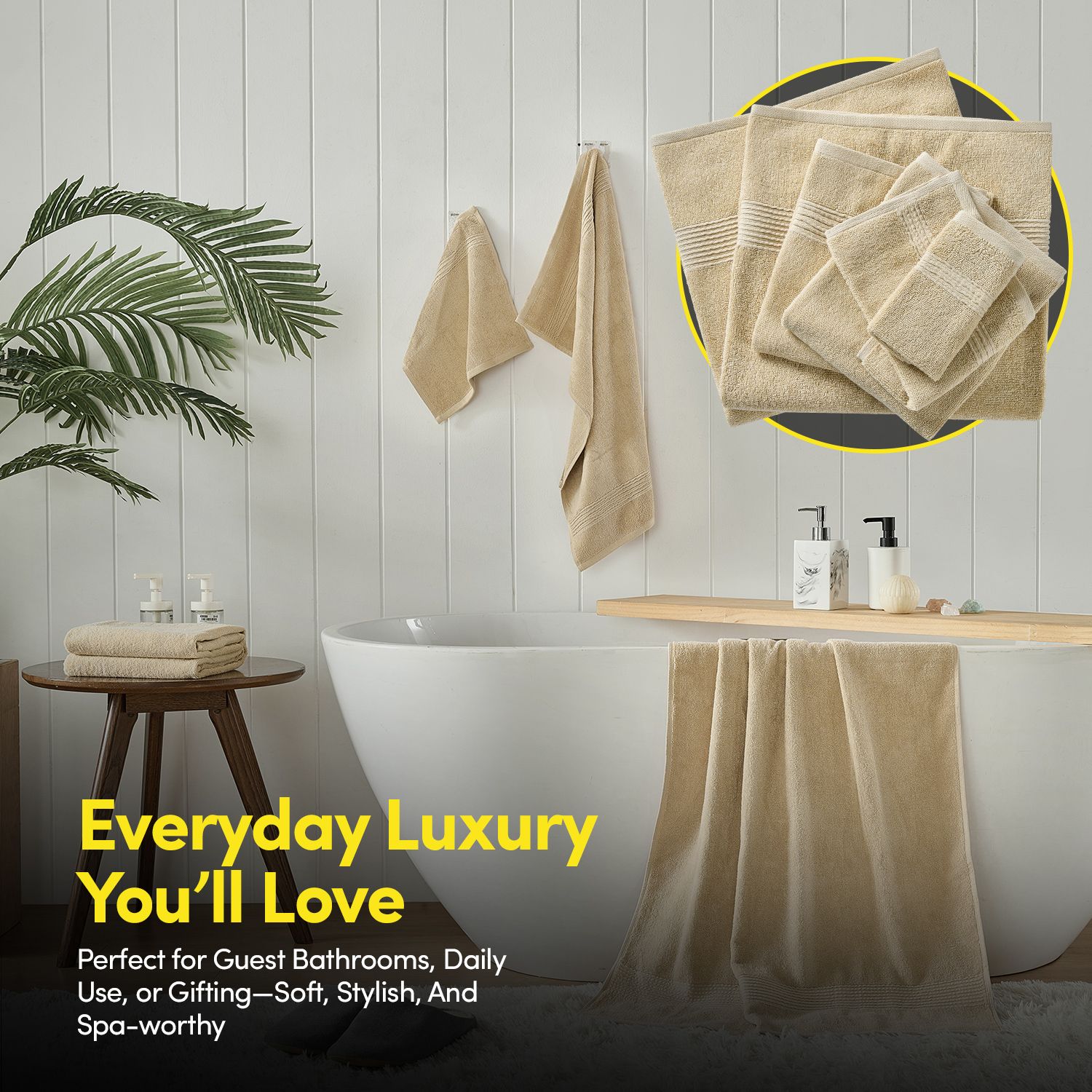 8pc 100% Combed Cotton Towel Set (2 Bath, 2 Hand, 4 Wash) - Beige