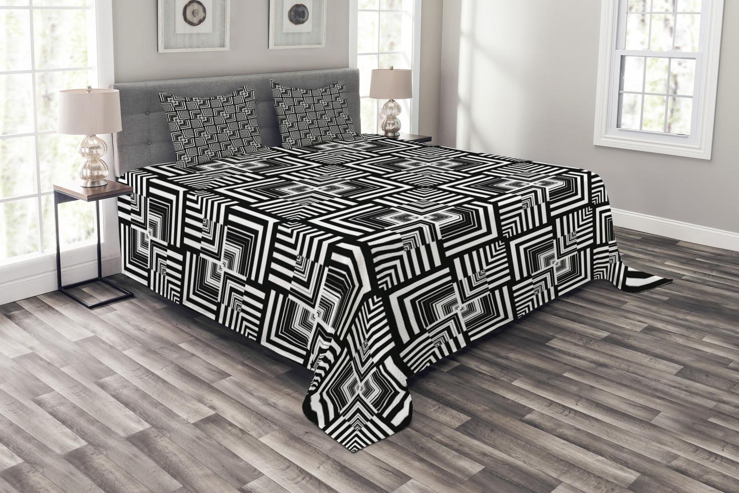 Black and White Bedspread Set King Size, Geometric Op Art Pattern