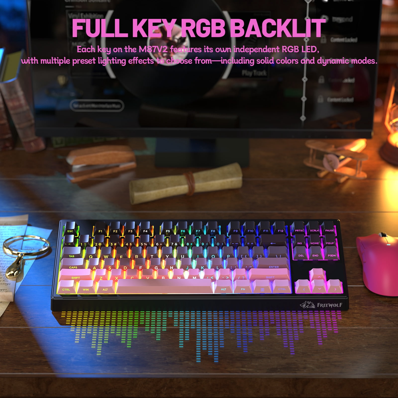 ZIYOU LANG M87V2 Wireless Keyboard, 80% TKL Creamy Keyboard, Low Profile Quiet Typing, Side-Printed PBT Keycaps, RGB Backlit, Pink