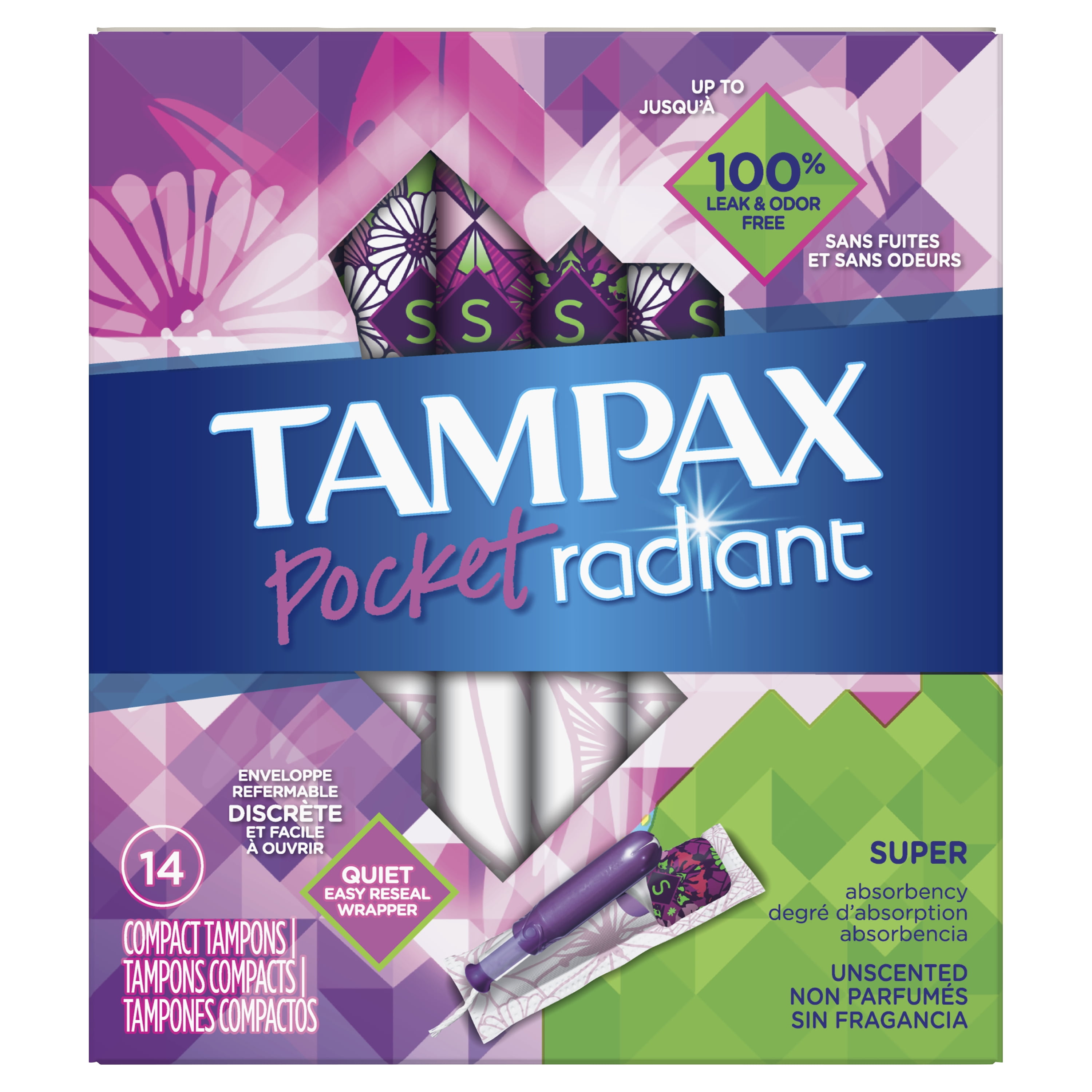 TAMPAX Pocket Radiant Compact Tampons, Super Absorbency, 14 Count