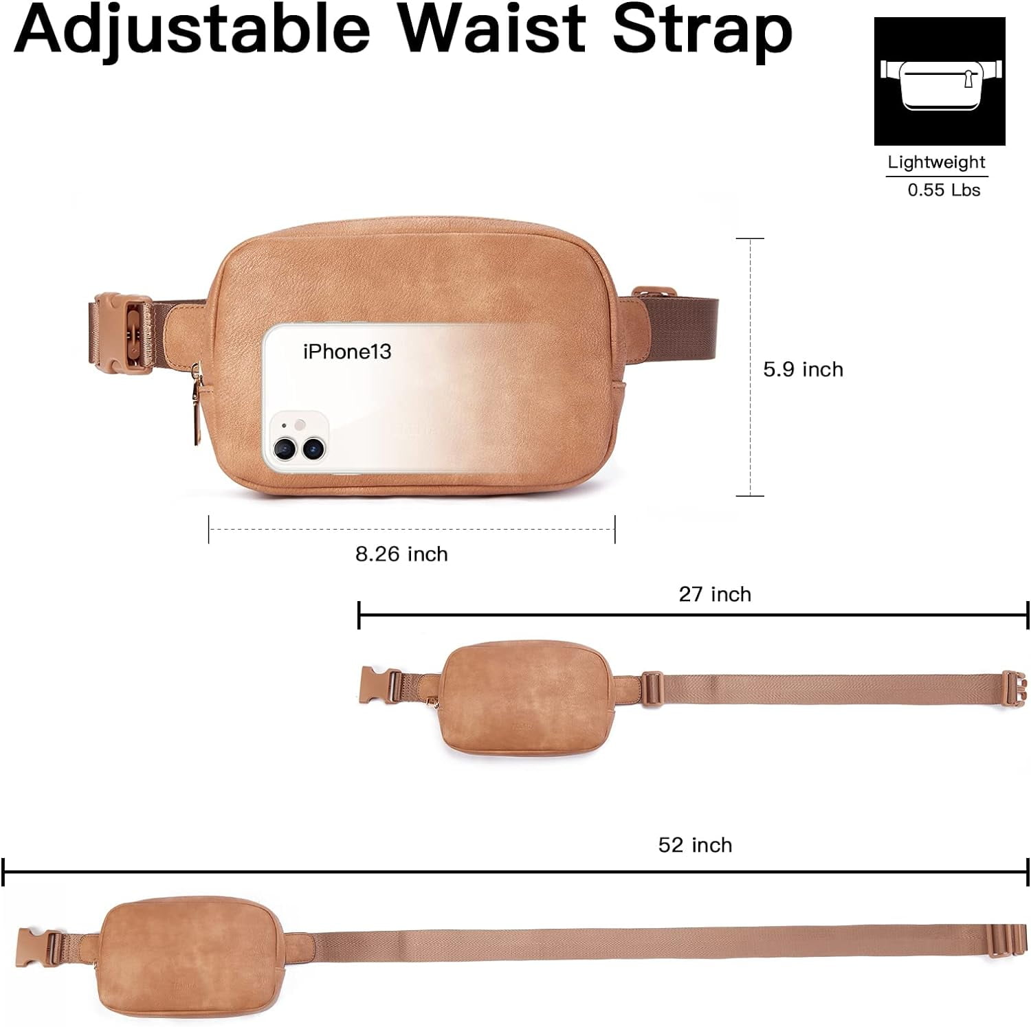 Leather Belt Bag for Women Fashionable Fanny Packs Cross Body Bag Waist Pack Camel Brown