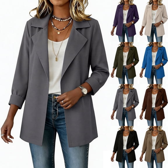 Xaqiouau Womens Open Front Blazer Long Sleeve Lapel Collar Slim Suit Jacket with Pockets Lined Office Casual Business Wear for Summer Fall