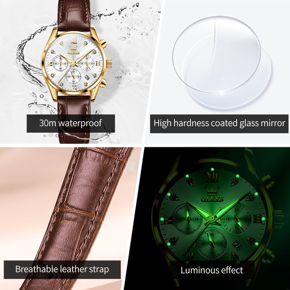 OLEVS Watches for Womens Brown Leather Strap Analog Quartz Rose Gold Fashion Casual Dress Multifunction Chronograph Diamond Date Waterproof Luminous Ladies Watches Relojes para Mujer