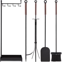 FCYNMF 5-Piece Fireplace Tool Set, Modern Wrought Iron Fire Pit Tools with Stand, Includes Poker, Tongs, Shovel, Brush, Ergonomic Handles for Indoor & Outdoor Use - Black
