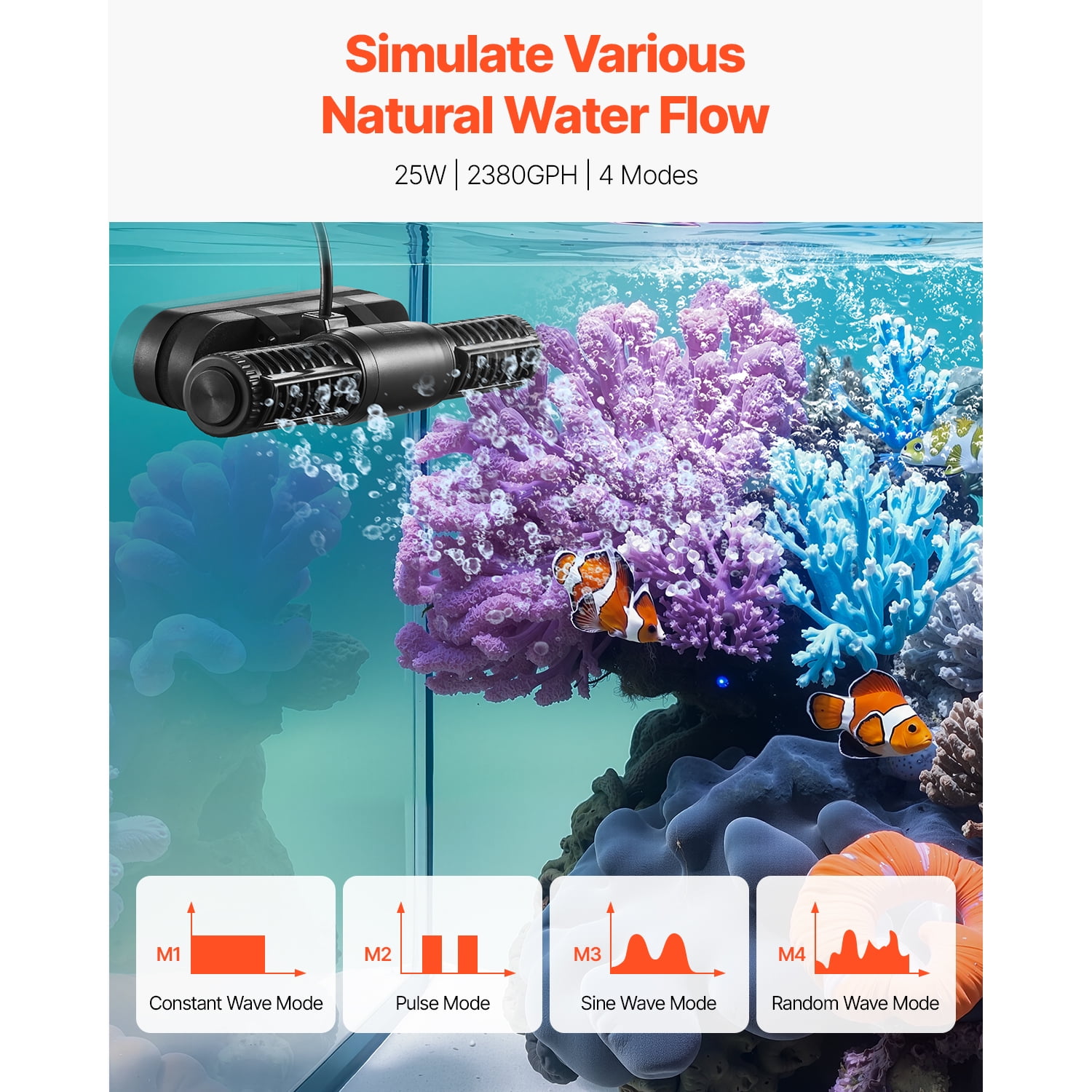 KFFKFF Aquarium Wave Maker, 25W, 2380 GPH Adjustable Cross Flow Pump with Controller, Magnetic DC 24V Powerhead, Durable Magnetic Base, 360° Rotating Design, Suitable for Saltwater
