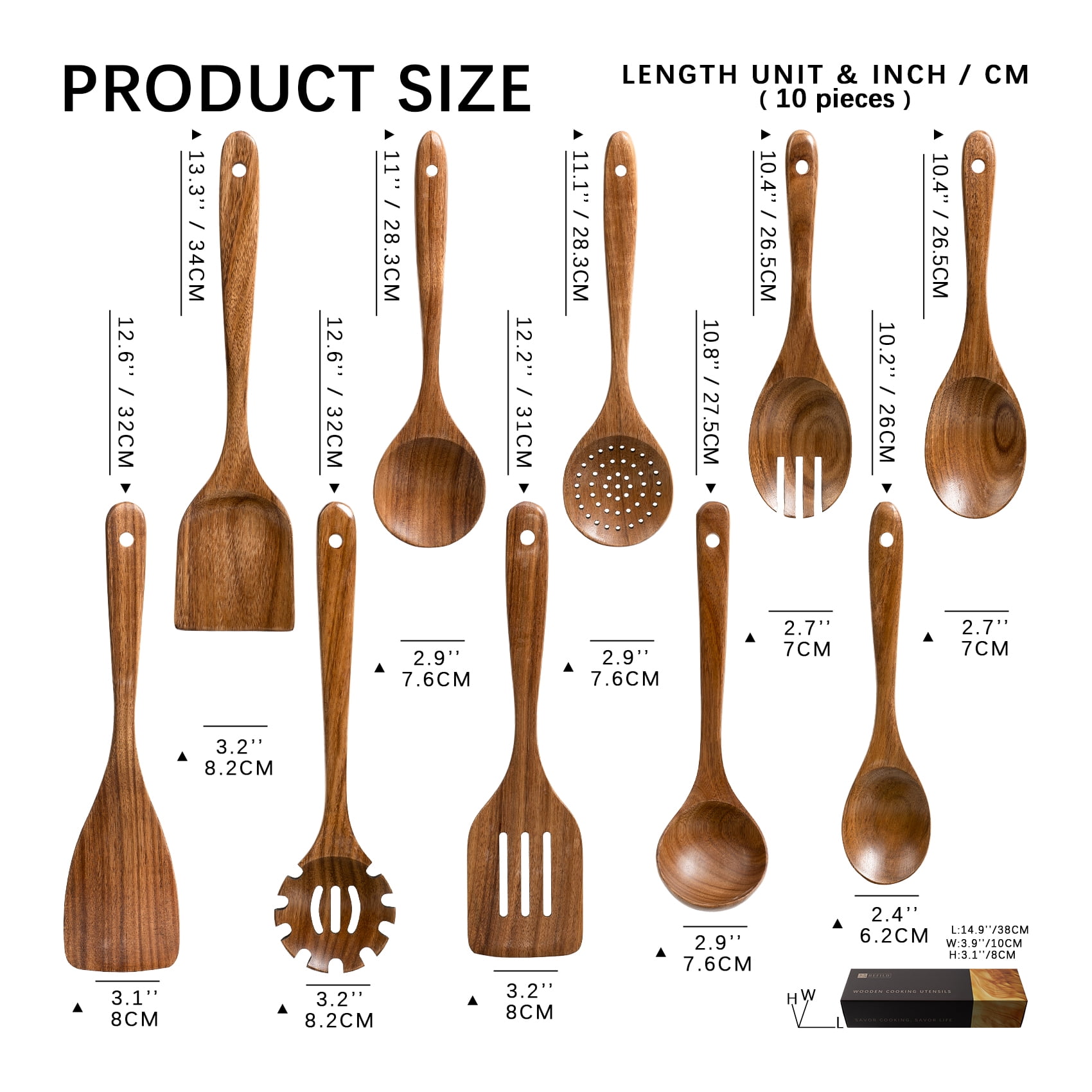 Hefild 10Piece Acacia Wooden Nonstick Kitchen Set , Wooden Spoons and Spatulas  for Cooking.