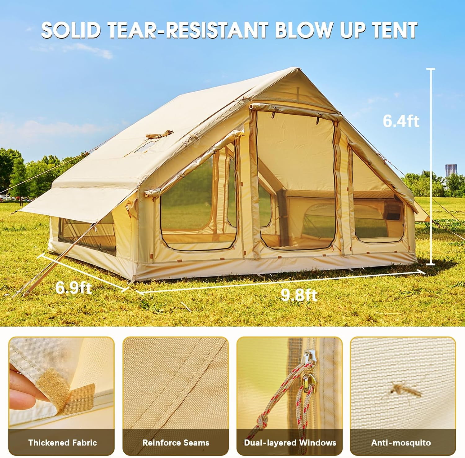 Slsy Inflatable Tents with Canopy for Camping, Blow Up Tent with Hand Pump, Easy Setup Inflatable Hot Tent with Stove Jack, Waterproof Oxford Air Glamping Tents for Camping Adult 4-6 Person