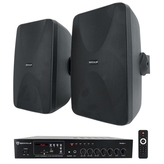 Rockville Commercial/Restaurant Bluetooth Amplifier (2) Black 6.5" Wall Speakers