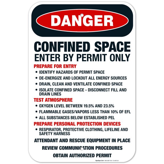 Confined Space Enter By Permit Only Attendant And Rescue Equipment Sign, OSHA Danger Sign, 12x18 Aluminum