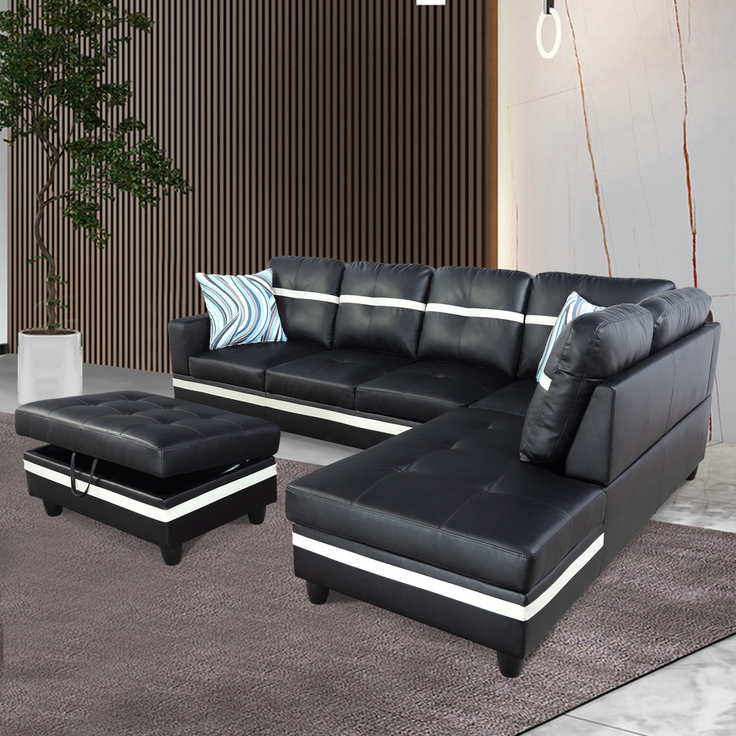 PonLiving Sectional Sofa Couch, L-Shaped 3-Piece Couch Living Room Sofa Set for Small Space, Apartment, Loft, Office, Right Hand Facing, Black&White