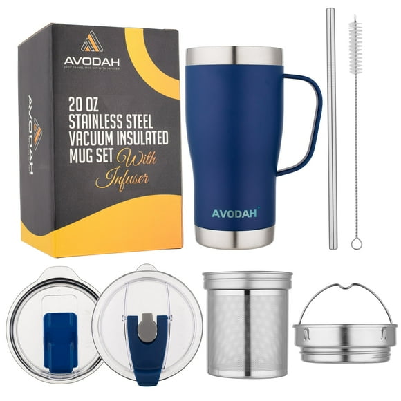AVODAH Tea Infuser Mug with Tea Strainer, Two Lids and Straw - Blue