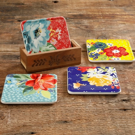 The Pioneer Woman Floral Coasters with Wood Box