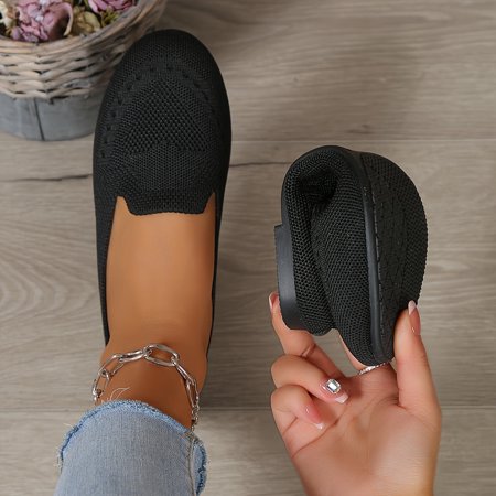 

Women s Black Slip On Flats Breathable Knitted Round Toe Non-slip Shoes Casual Lightweight Walking Shoes