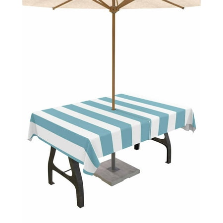 

Lsrtoss Outdoor Tablecloth with Umbrella Hole & Zipper Aqua Striped Rectangle Tablecloth 60x84 Inch Modern Farmhouse Blue White Stripes Patio Table Cover Waterproof Table Cloth for Picnic/Party