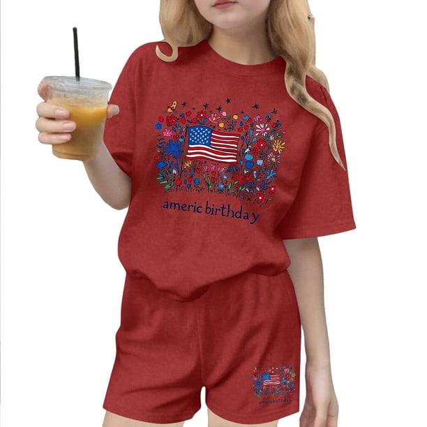 Odeerbi Camiseta de Manga Corta Con Estampado Patriótico Del Día de La Independencia de Las Niñas Con Pantalones Cortos Set de 2 Piezas