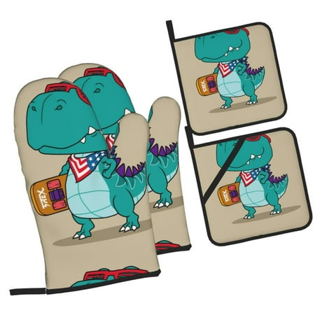 

Pofeuu Cool Dino Playing Skateboard Print Oven Mitts and Pot Holders 4 pcs Set High Heat Resistant 500 Degree Extra Thicken Long Kitchen Cotton Oven Glove for Cooking