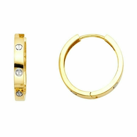 - 14k Two Tone High Polished Matte Finish Gold 3mm Thickness Nail Head Huggie Hoop Earrings (15mm X 15mm)