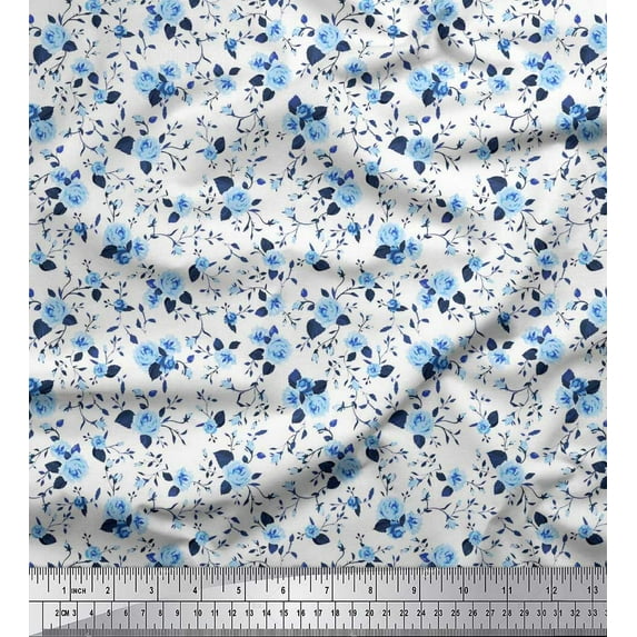 Soimoi Velvet Fabric Leaves & Rose Flower Printed Fabric 1 Yard 58 Inch Wide