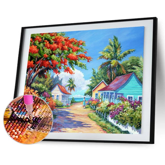Cuadros Decorativos 5D diamante pintura casa paisaje completo redondo taladro pared DIY artes (NH1795) Tmvgtek embutido en tela