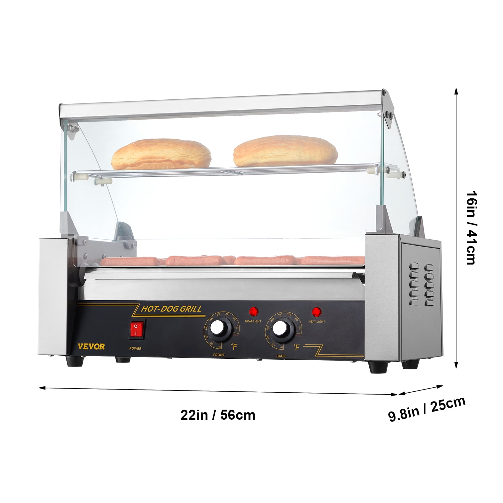 VEVOR Hot Dog Roller 5 Rollers 12 Hot Dogs Capacity, 750W Stainless Sausage Grill Cooker Machine with Dual Temp Control Glass Hood Acrylic Cover Bun Warmer Shelf Removable Oil Drip Tray ETL Certified