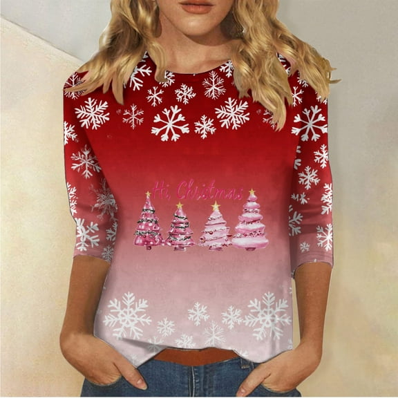 FDGIU Women's Christmas Graphic Tunic Tops - Soft Long Sleeve Crewneck Blouses with Xmas Tree Prints, Holiday Party Tees